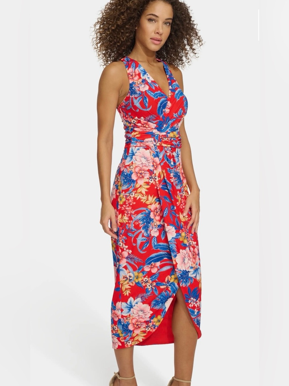 Siena Womens Red Tropical Floral Side Ruched Sleeveless Midi Dress. Size 10z FUN